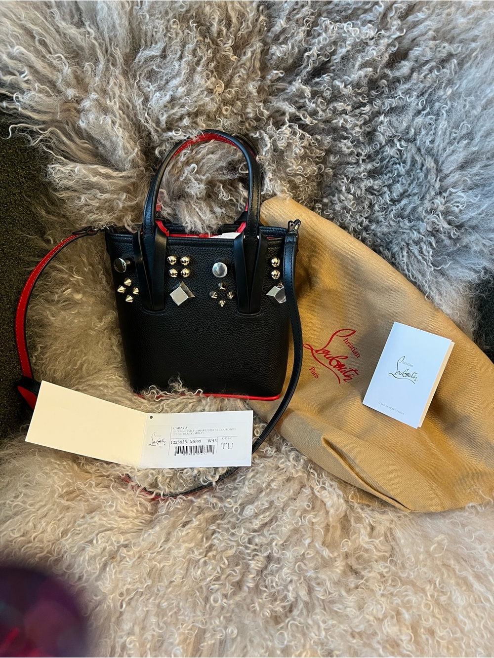 Christian Louboutin Black Pebbled Mini Tote with Red Trim and Gold Studs